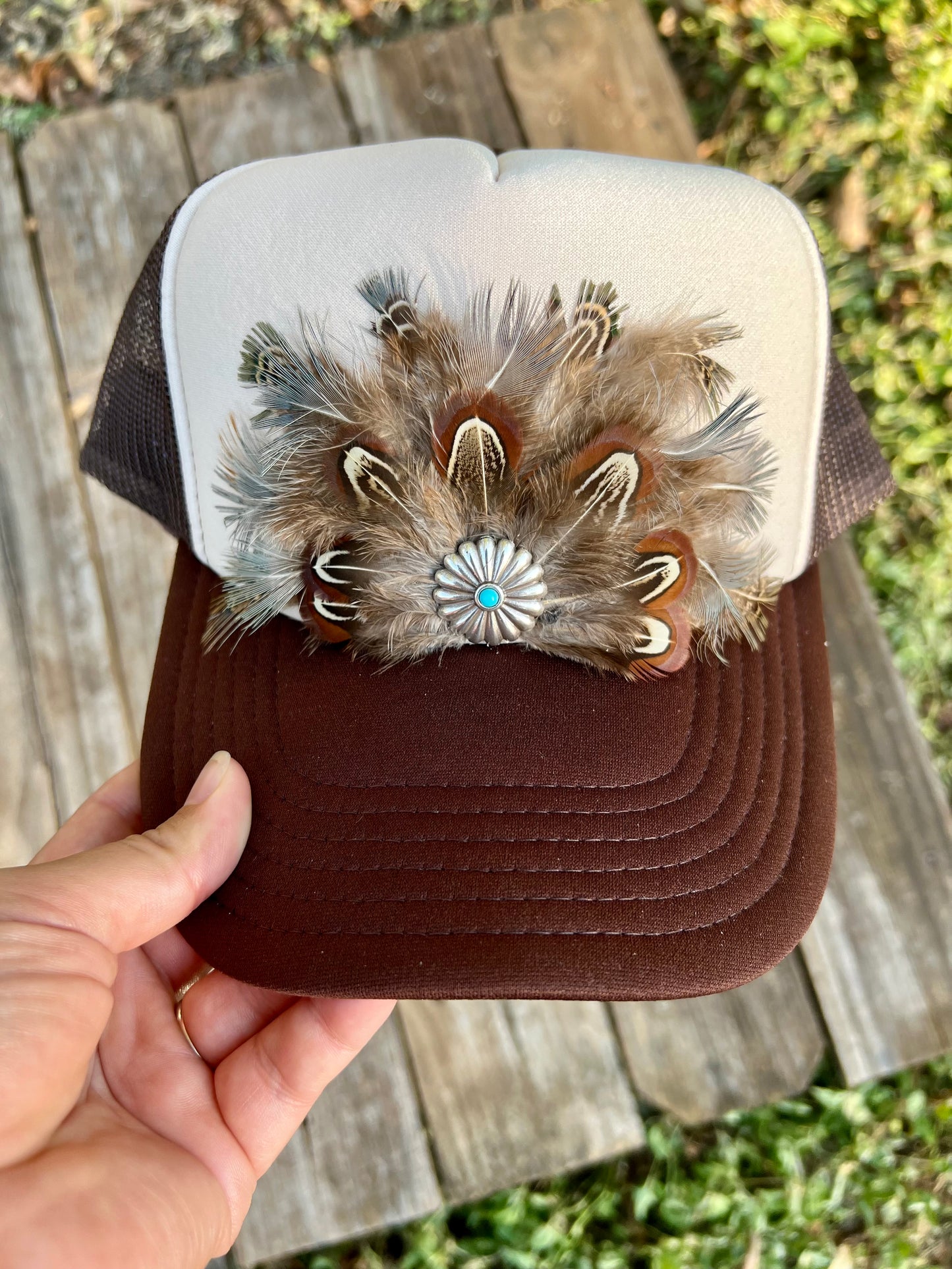 Tan & Brown Feathered Hat With Flower Concho