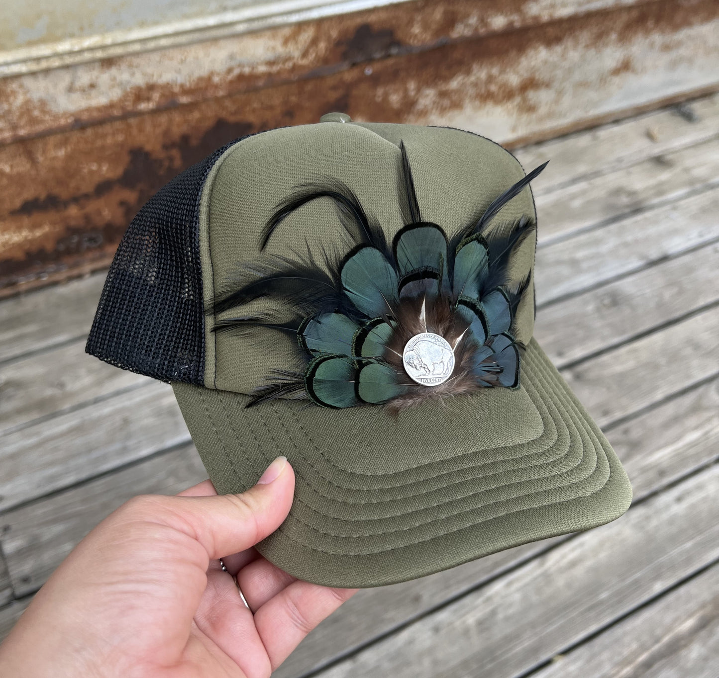 Army Green & Black Feathered Hat With Buffalo Coin Concho