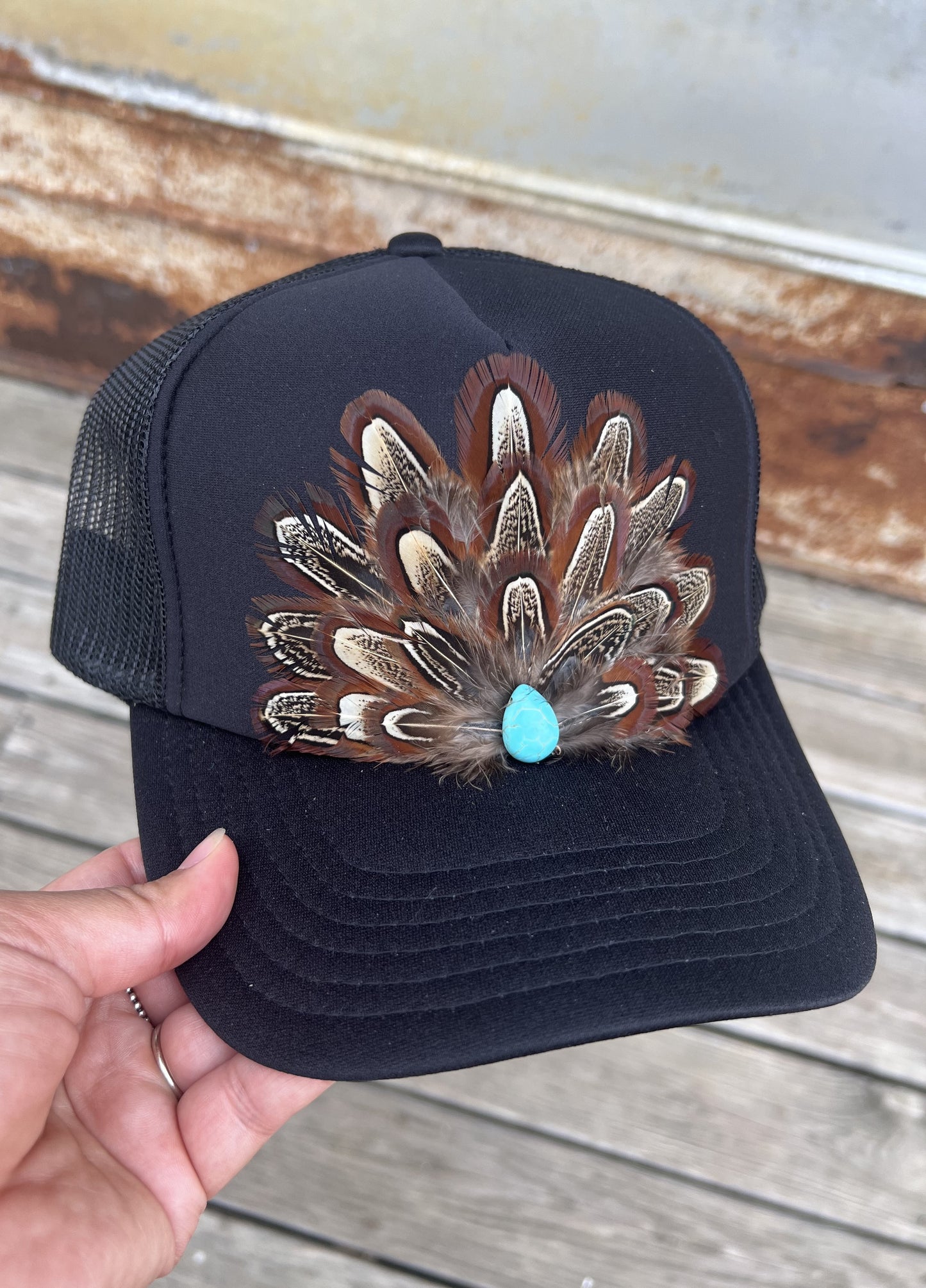 Black Feathered Hat With Turquoise Stone