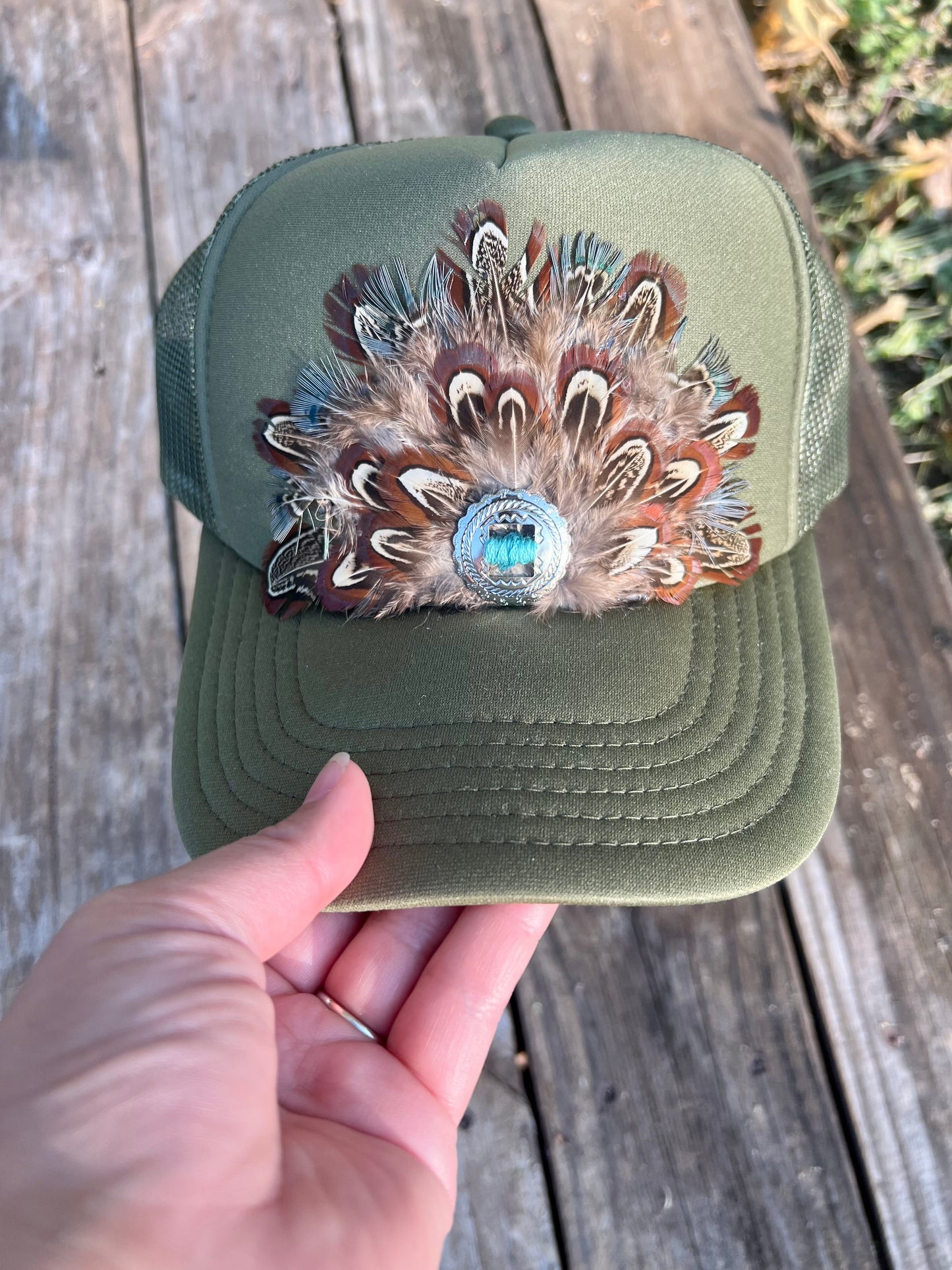 Army Green Feathered Hat With Stitched Concho