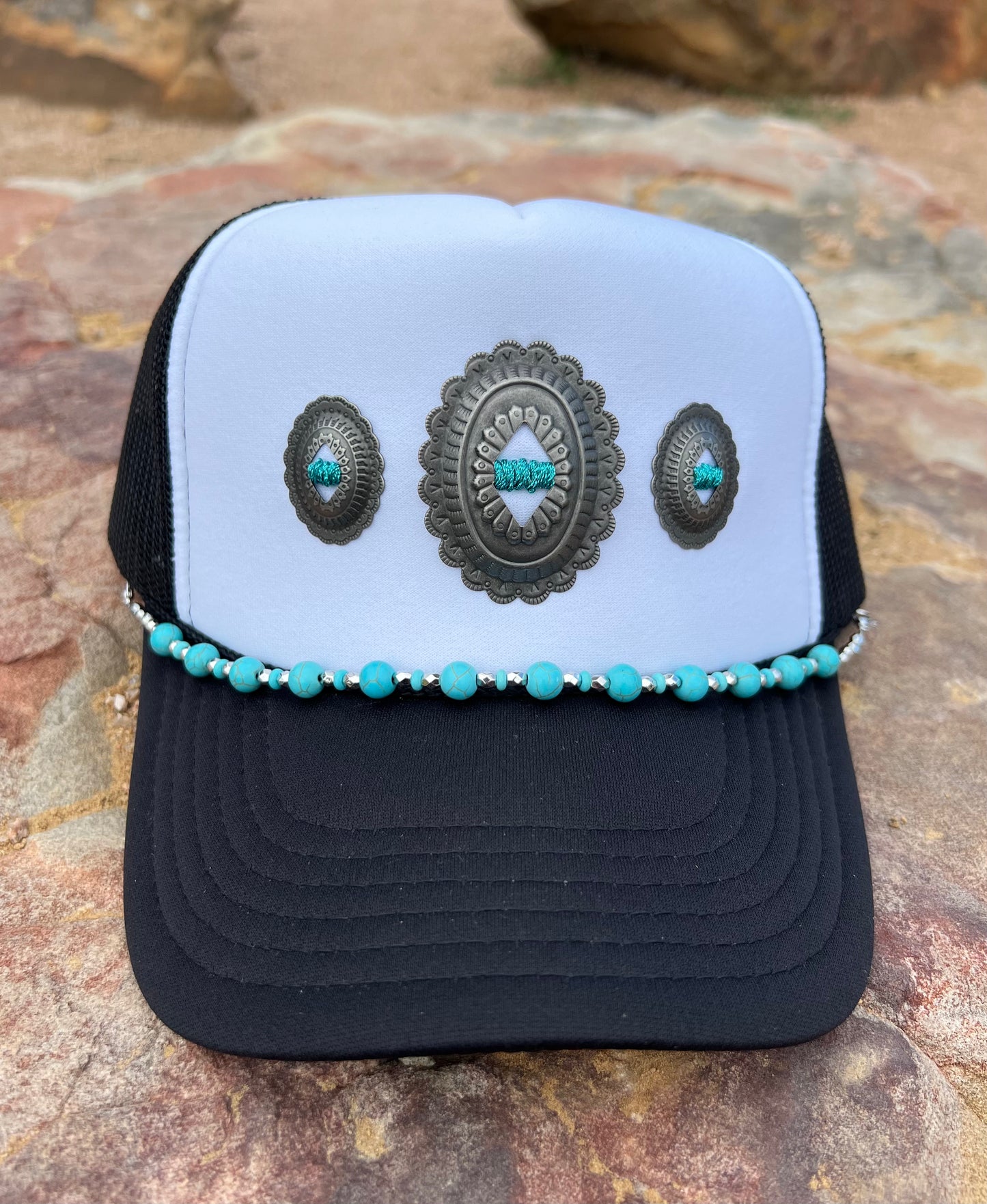 White & Black With Metallic Turquoise Concho Foam Hat