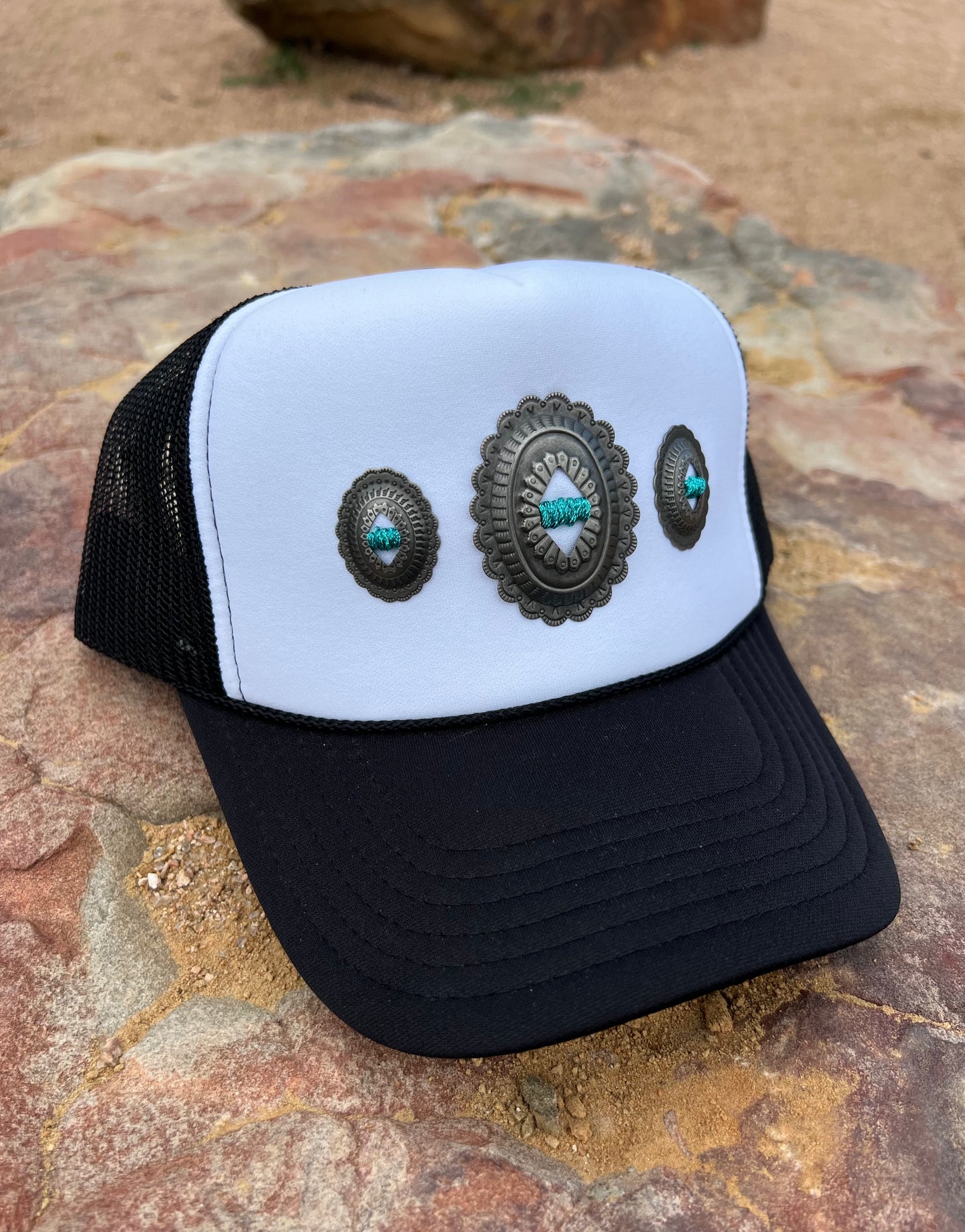 White & Black With Metallic Turquoise Concho Foam Hat