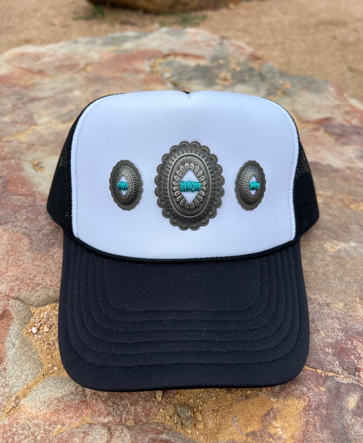 White & Black With Metallic Turquoise Concho Foam Hat