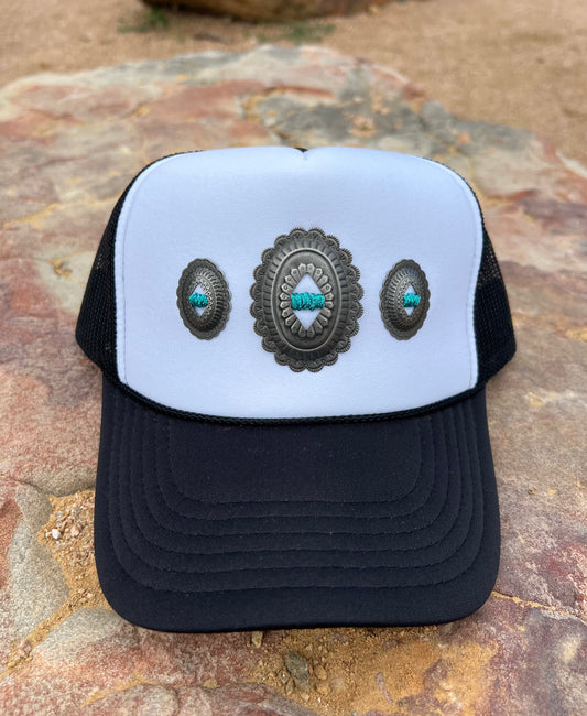 White & Black With Metallic Turquoise Concho Foam Hat