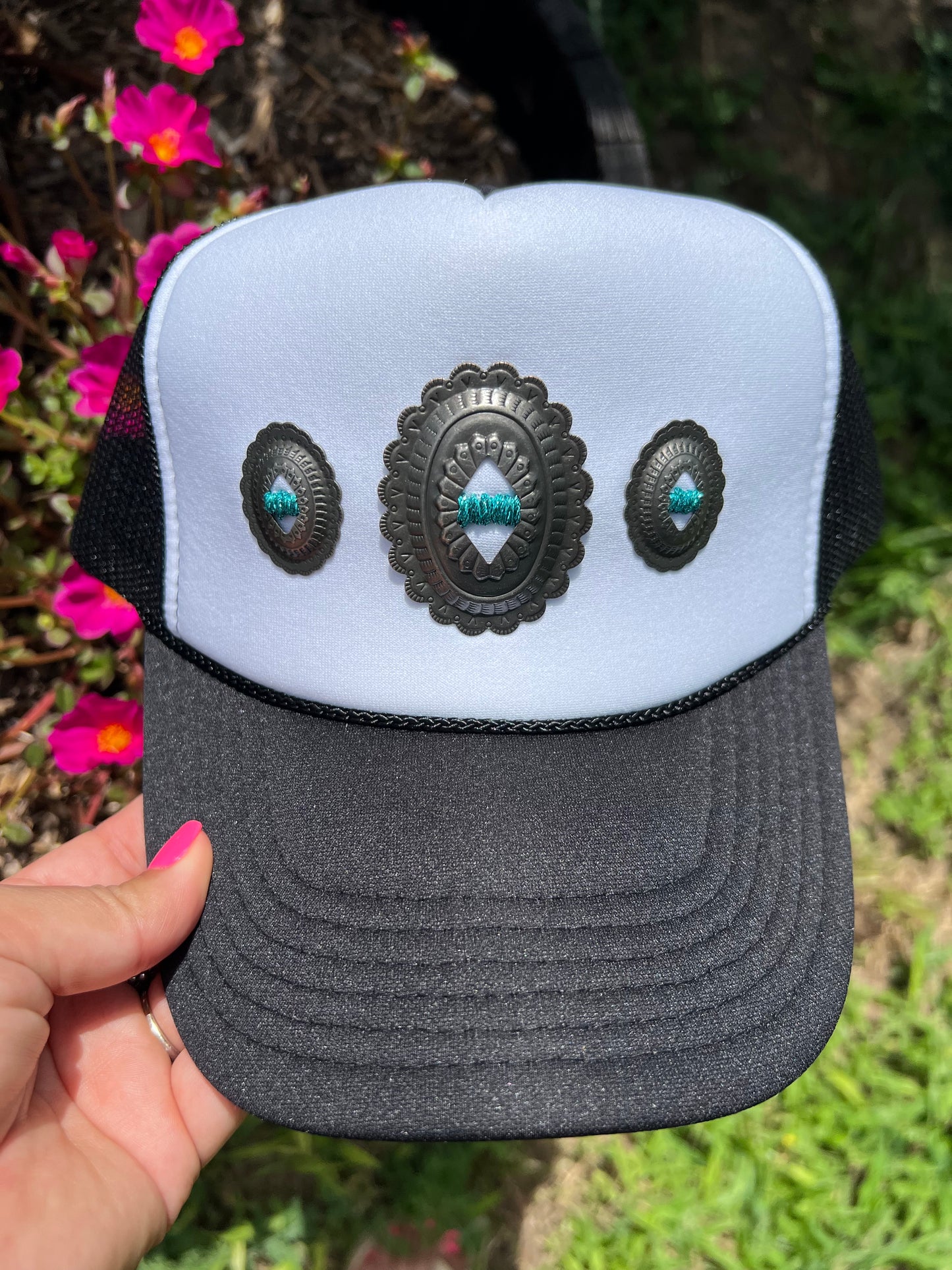 White & Black With Metallic Turquoise Concho Foam Hat