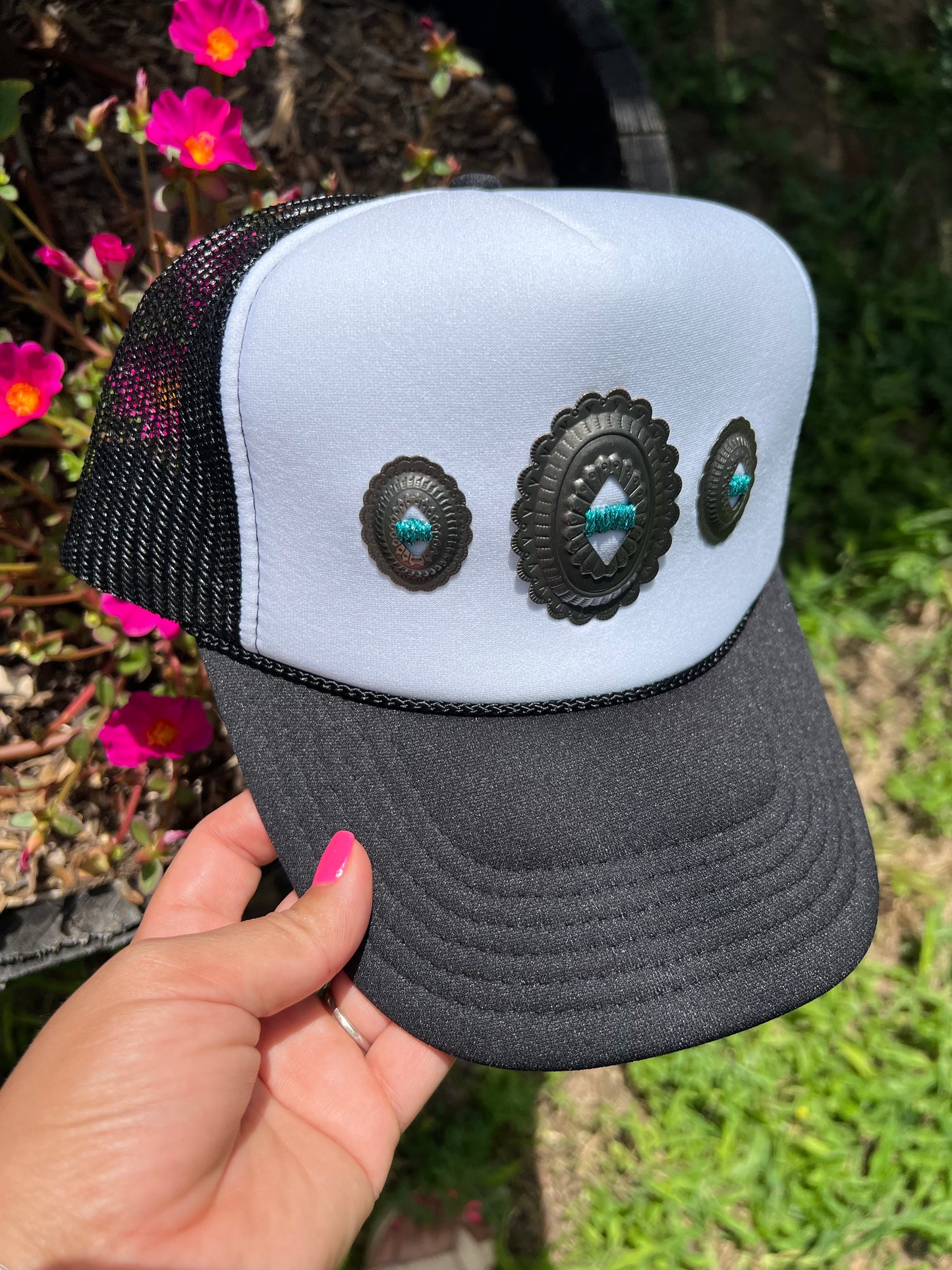 White & Black With Metallic Turquoise Concho Foam Hat