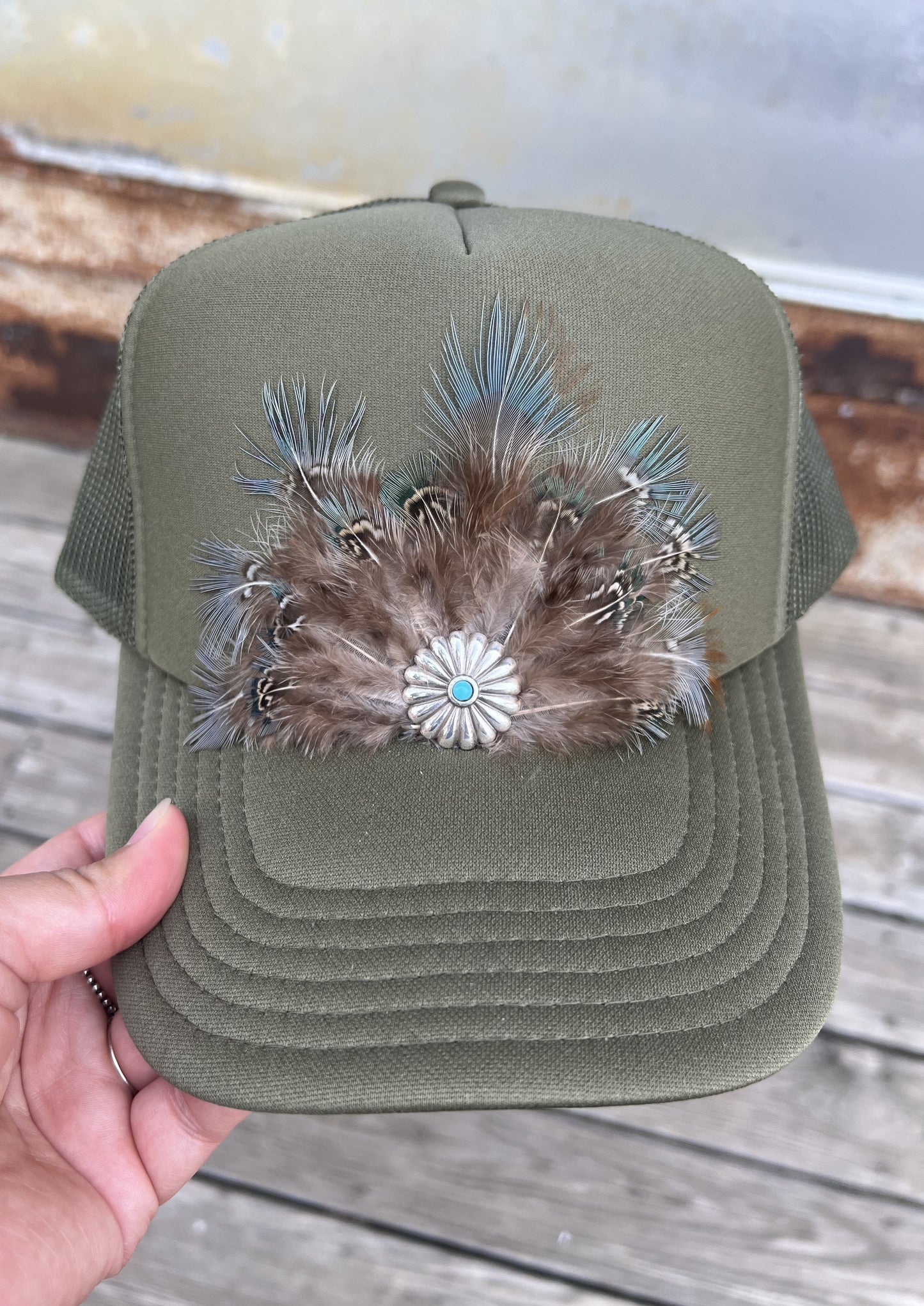 Army Green Feathered Hat With Flower Concho