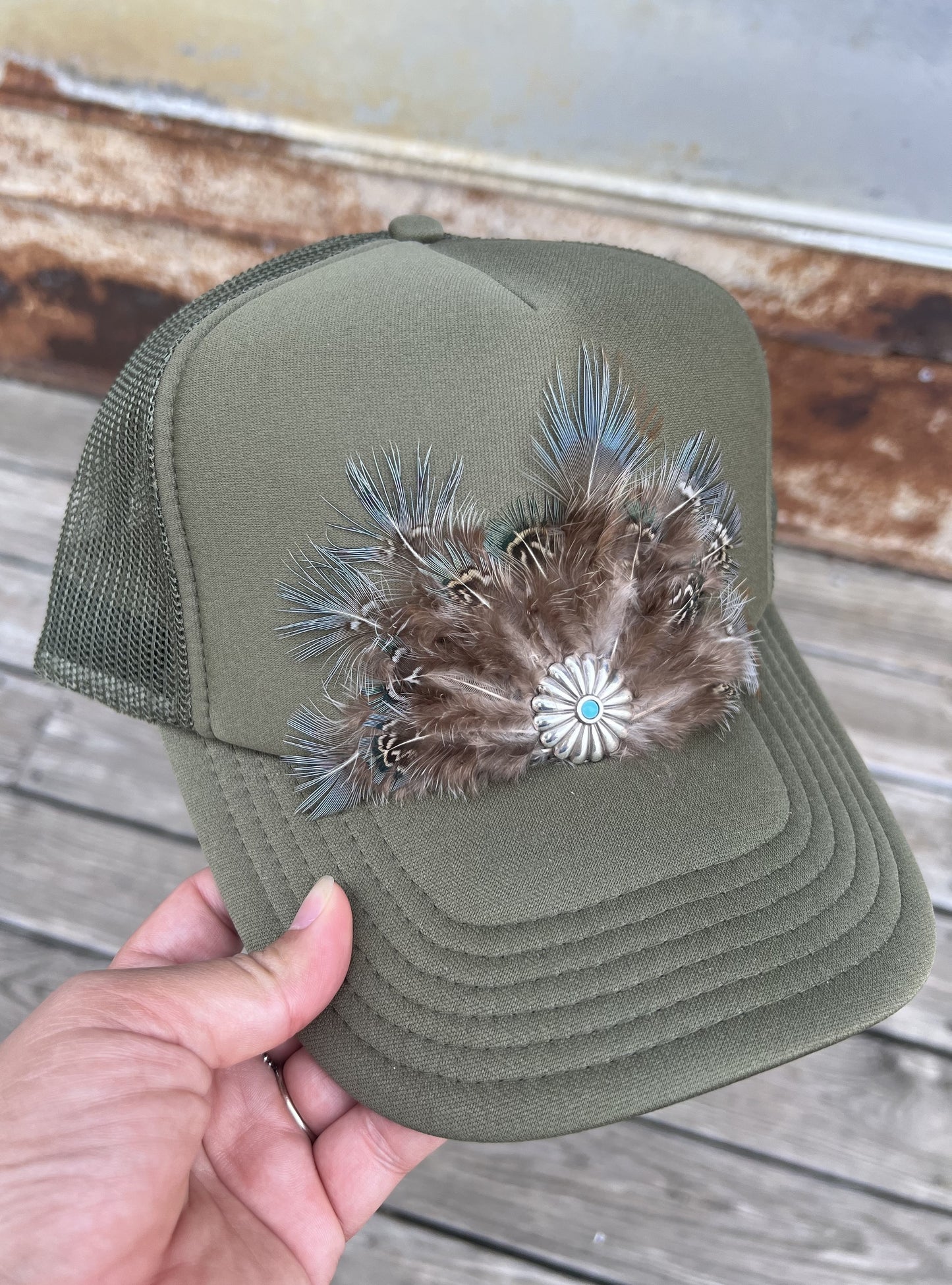 Army Green Feathered Hat With Flower Concho