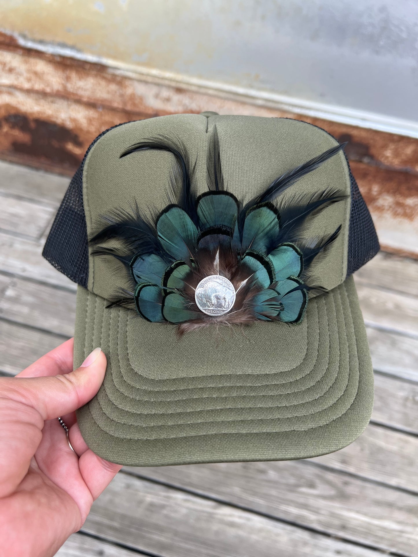 Army Green & Black Feathered Hat With Buffalo Coin Concho