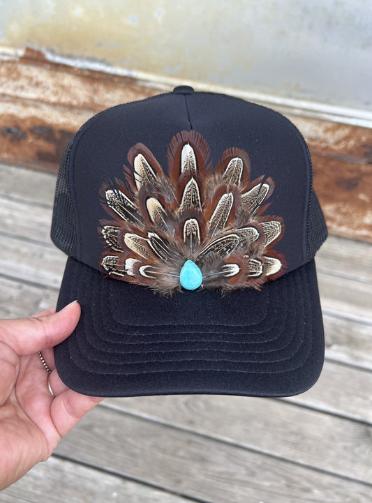 Black Feathered Hat With Turquoise Stone