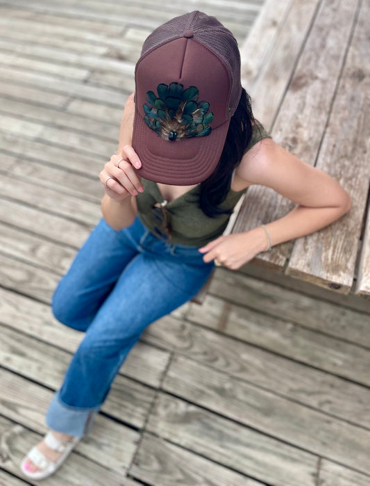 Brown Feathered Hat With Black Stone