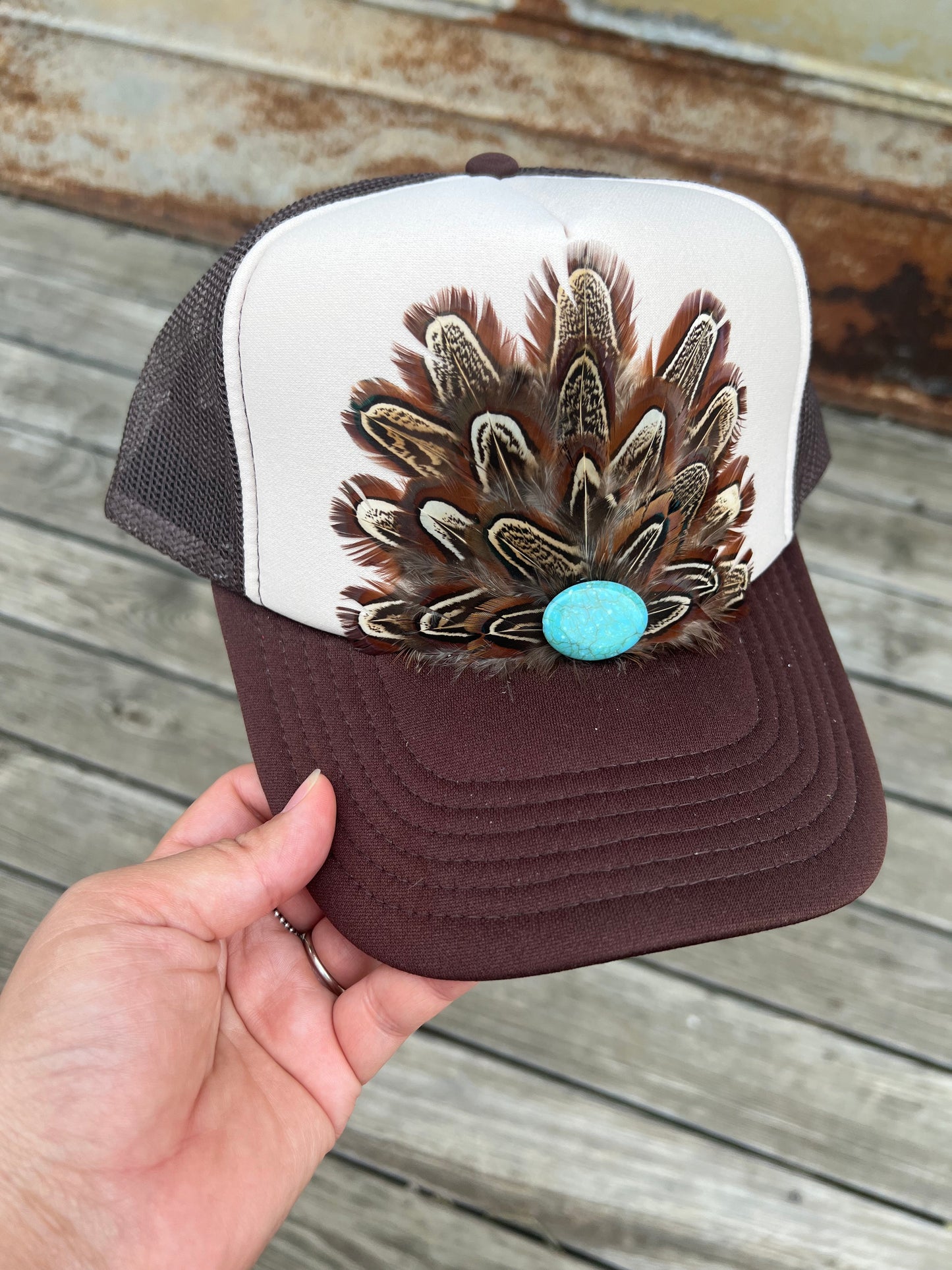 Tan & Brown Feathered Hat With Turquoise Stone