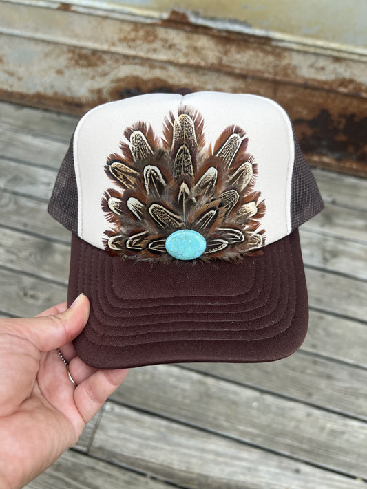 Tan & Brown Feathered Hat With Turquoise Stone