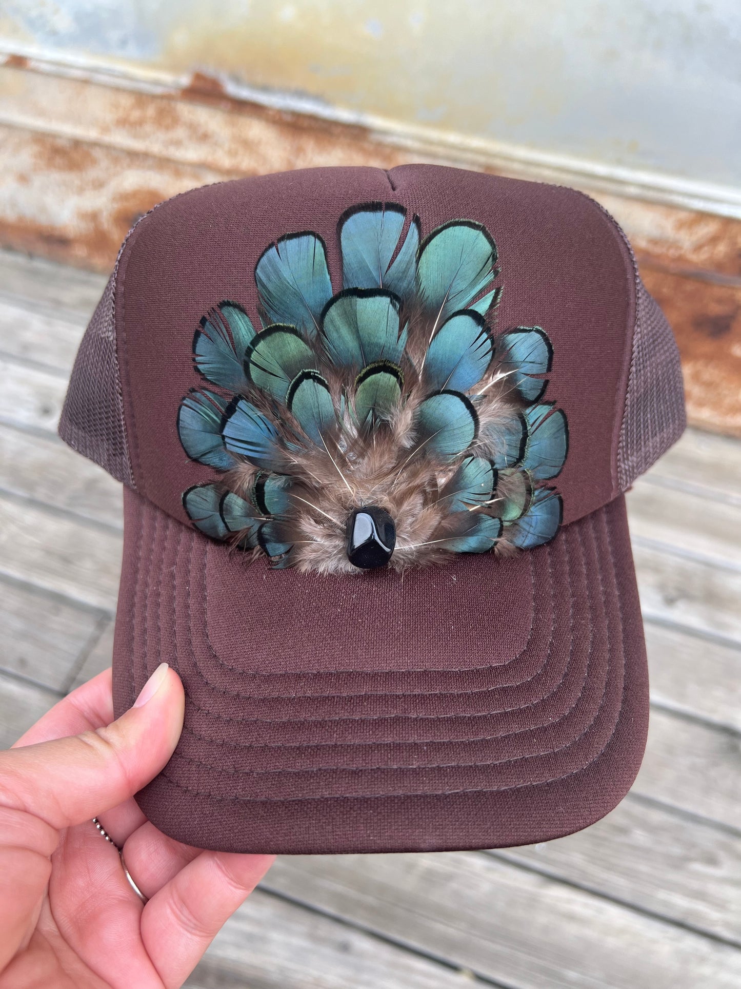 Brown Feathered Hat With Black Stone