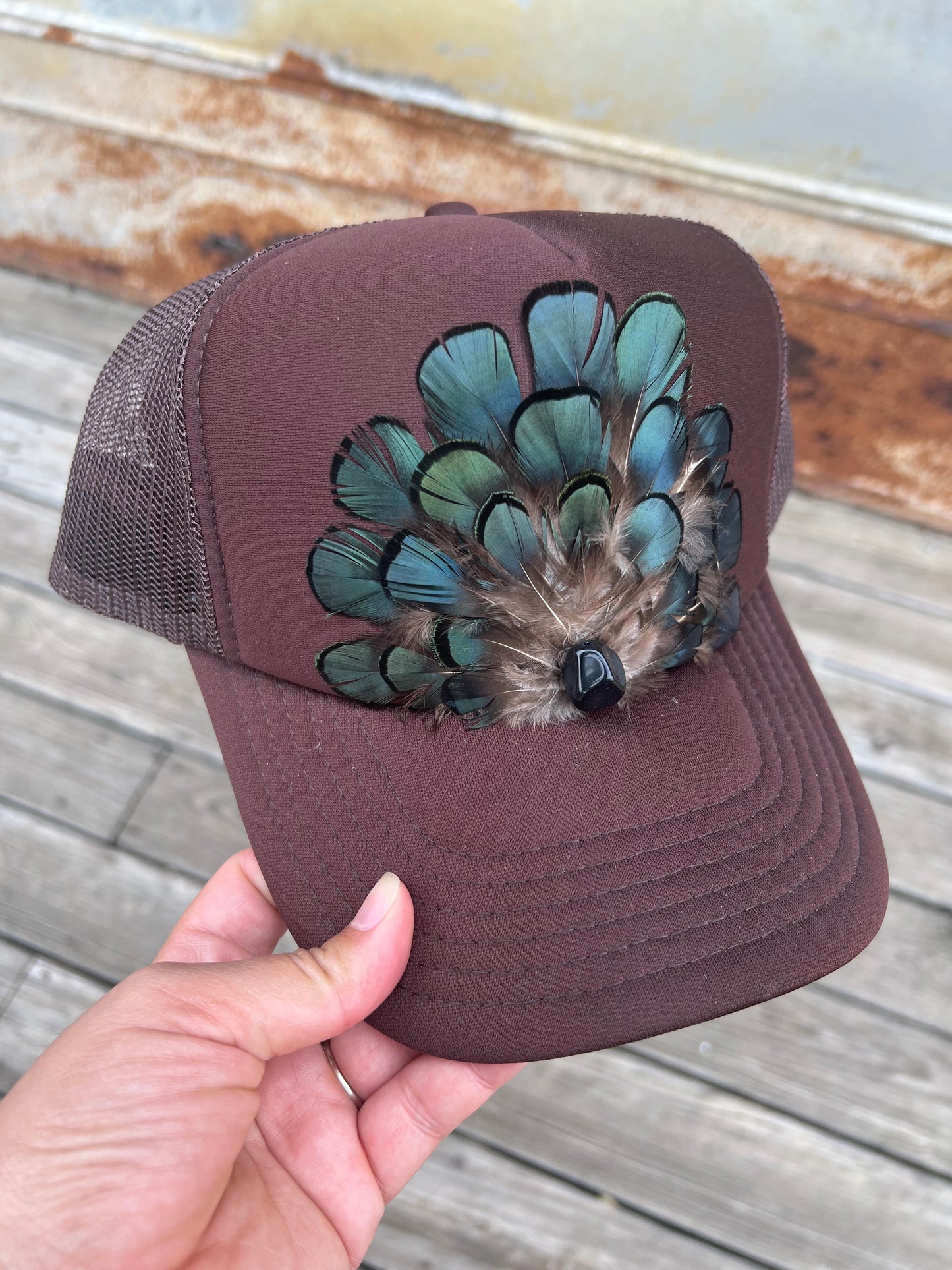 Brown Feathered Hat With Black Stone